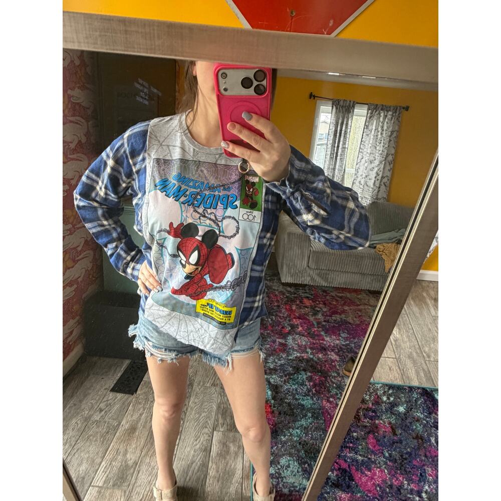 Spider-Man Marvel upcycled custom flannel shirt / tshirt combination graphic tee